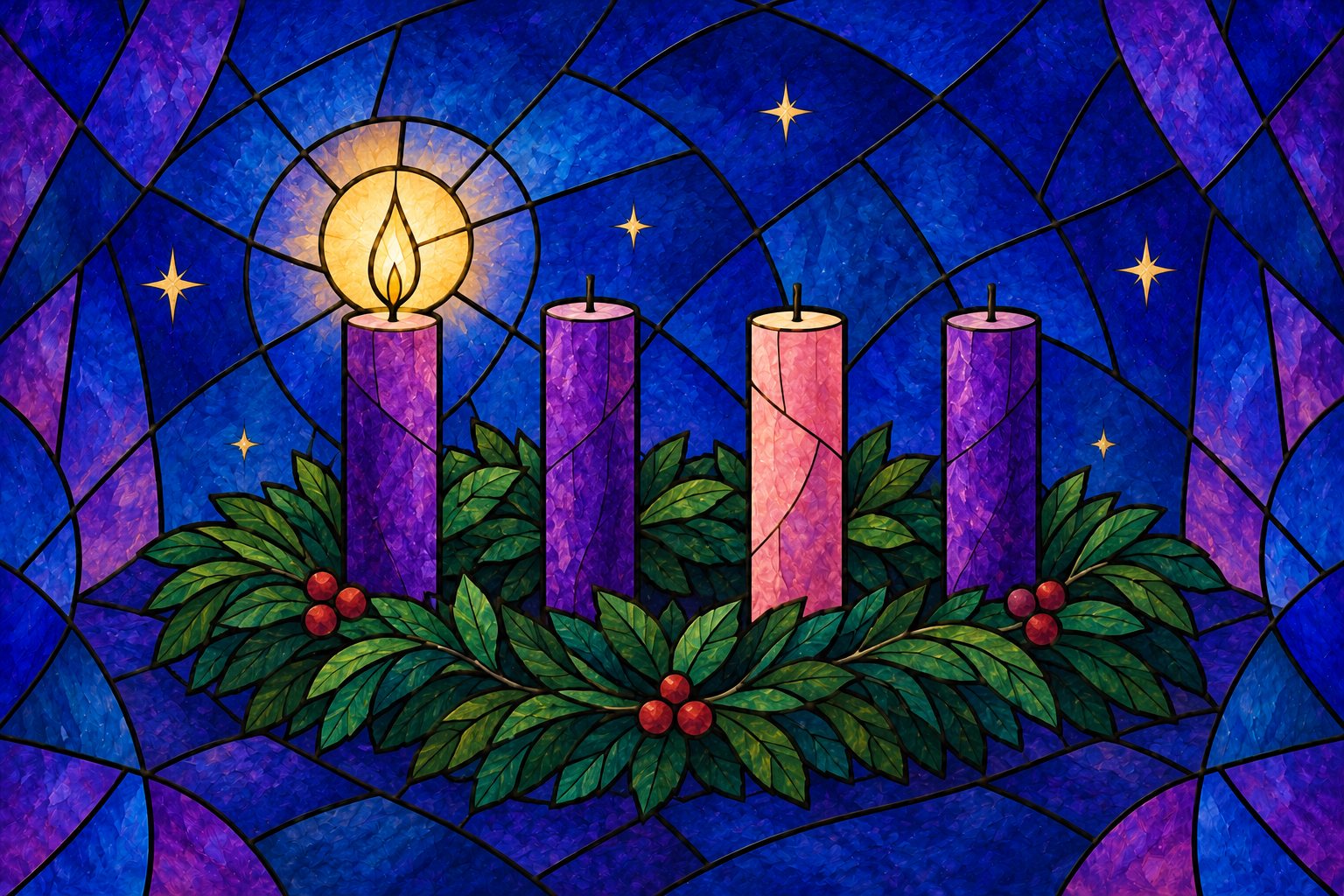 Stained-glass illustration: an Advent wreath of evergreen with three violet candles and one rose, one candle lit.