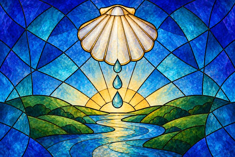 Stained-glass illustration: a scallop shell letting three drops of water fall into a river at sunrise.
