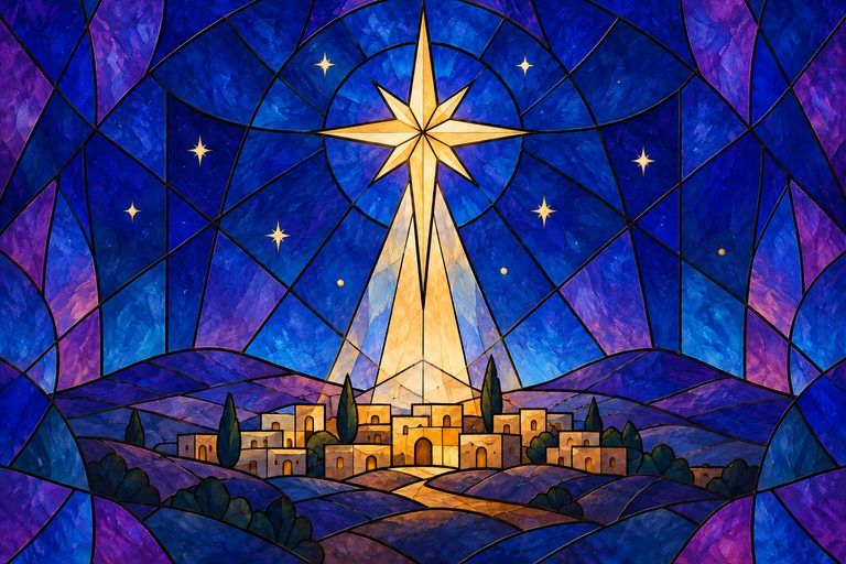 Stained-glass illustration: a bright star over the little town of Bethlehem at night.