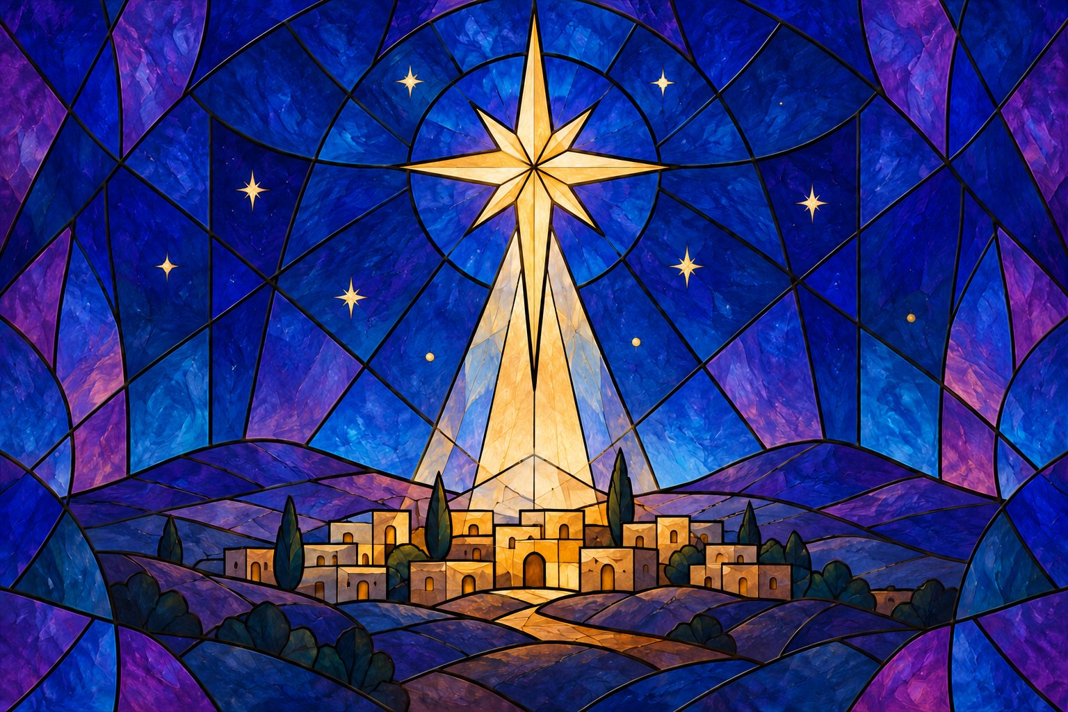 Stained-glass illustration: a bright star over the little town of Bethlehem at night.