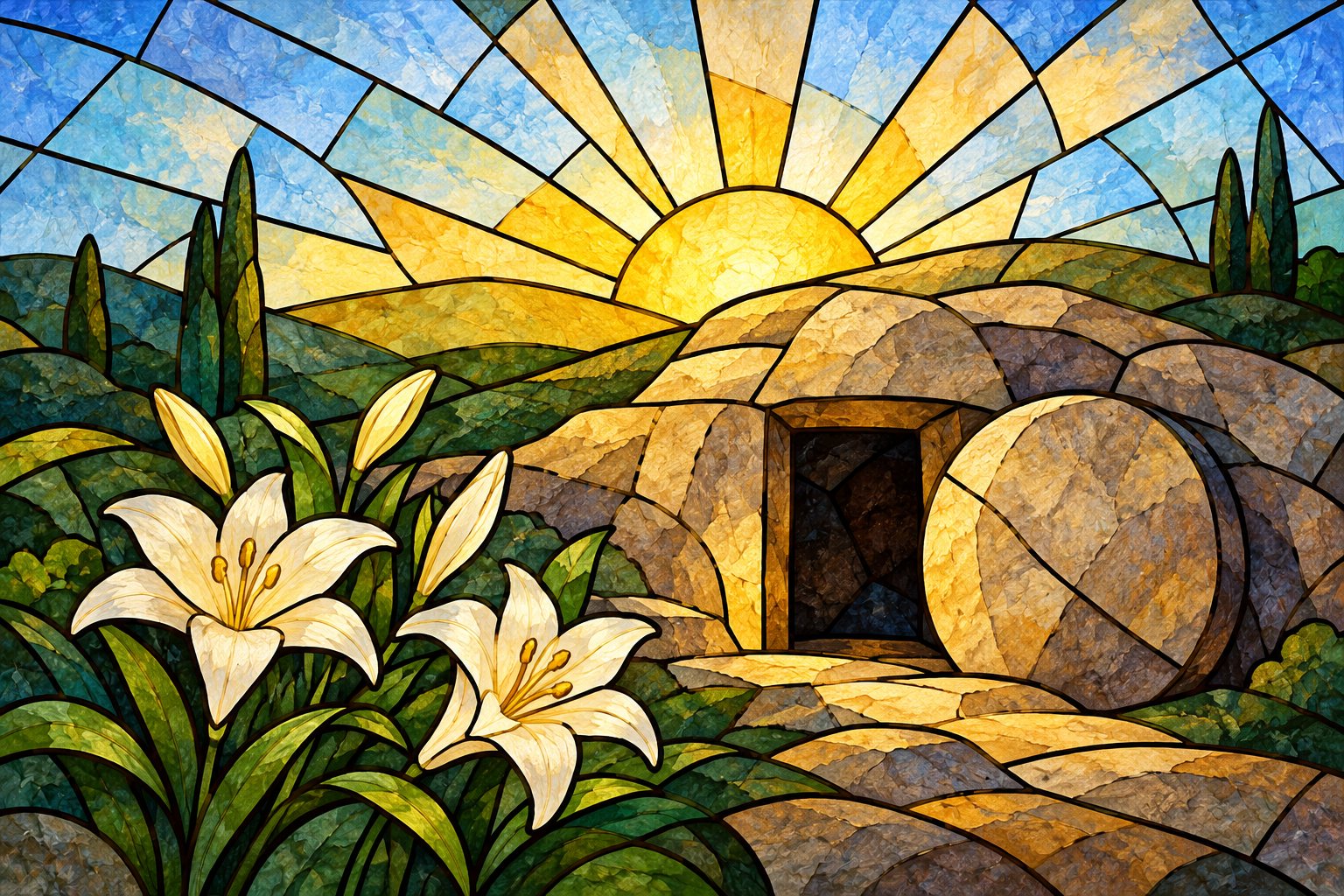 Stained-glass illustration: the empty tomb at sunrise, its stone rolled away, white lilies in front.