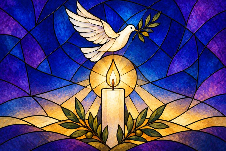 Stained-glass illustration: a lit candle and a white dove with an olive sprig, against a night sky at dawn.