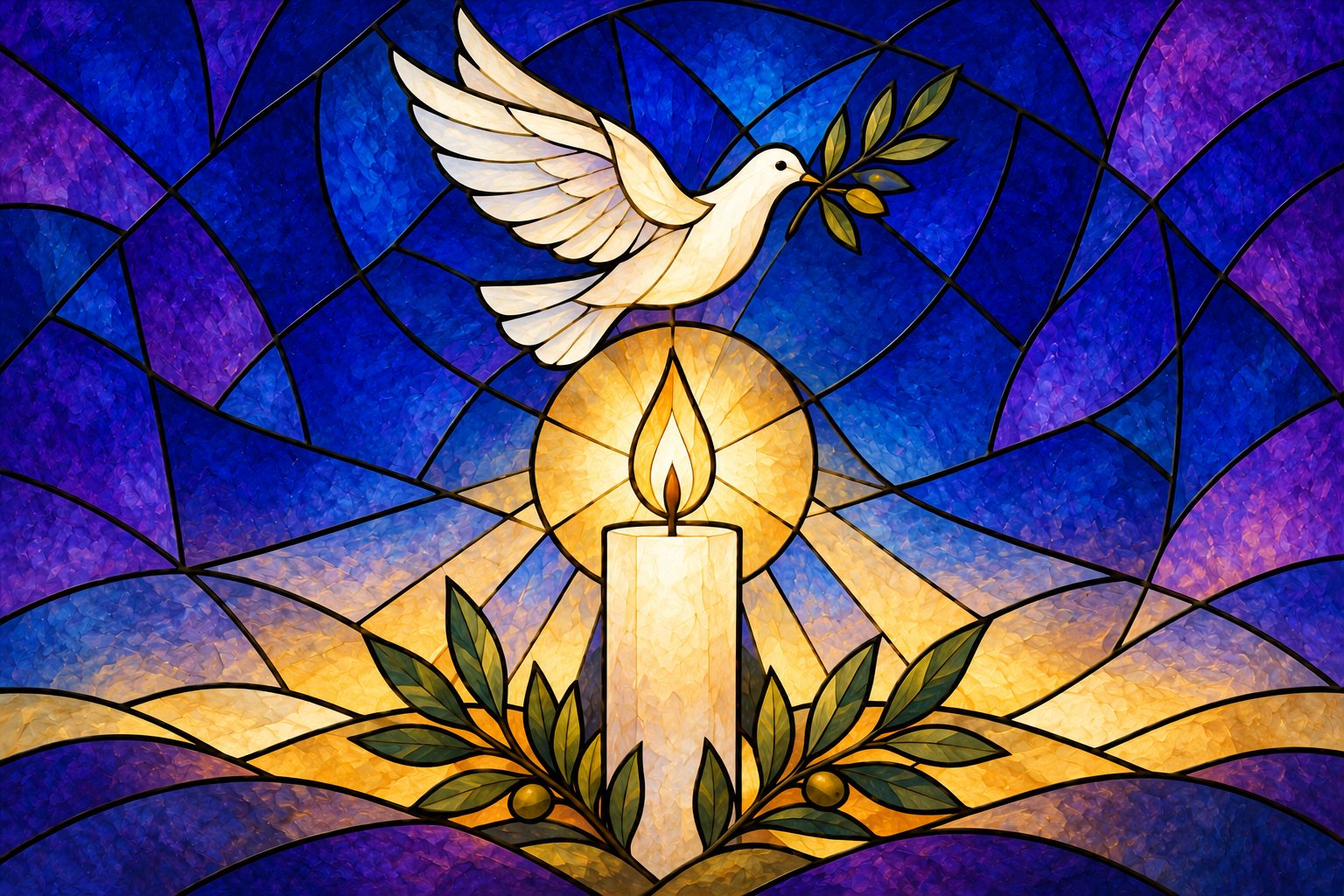 Stained-glass illustration: a lit candle and a white dove with an olive sprig, against a night sky at dawn.