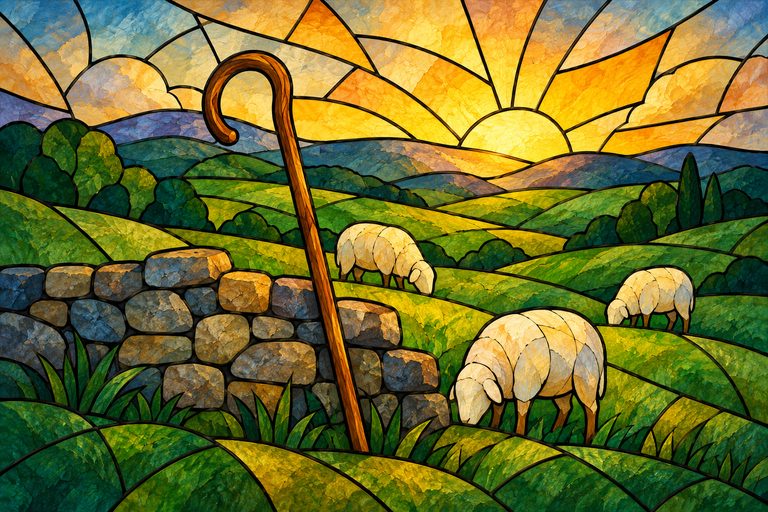 Stained-glass illustration: a shepherd's crook against a stone wall, sheep grazing in a green pasture.