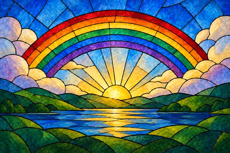 Stained-glass illustration: a rainbow arching over calm water and green hills.