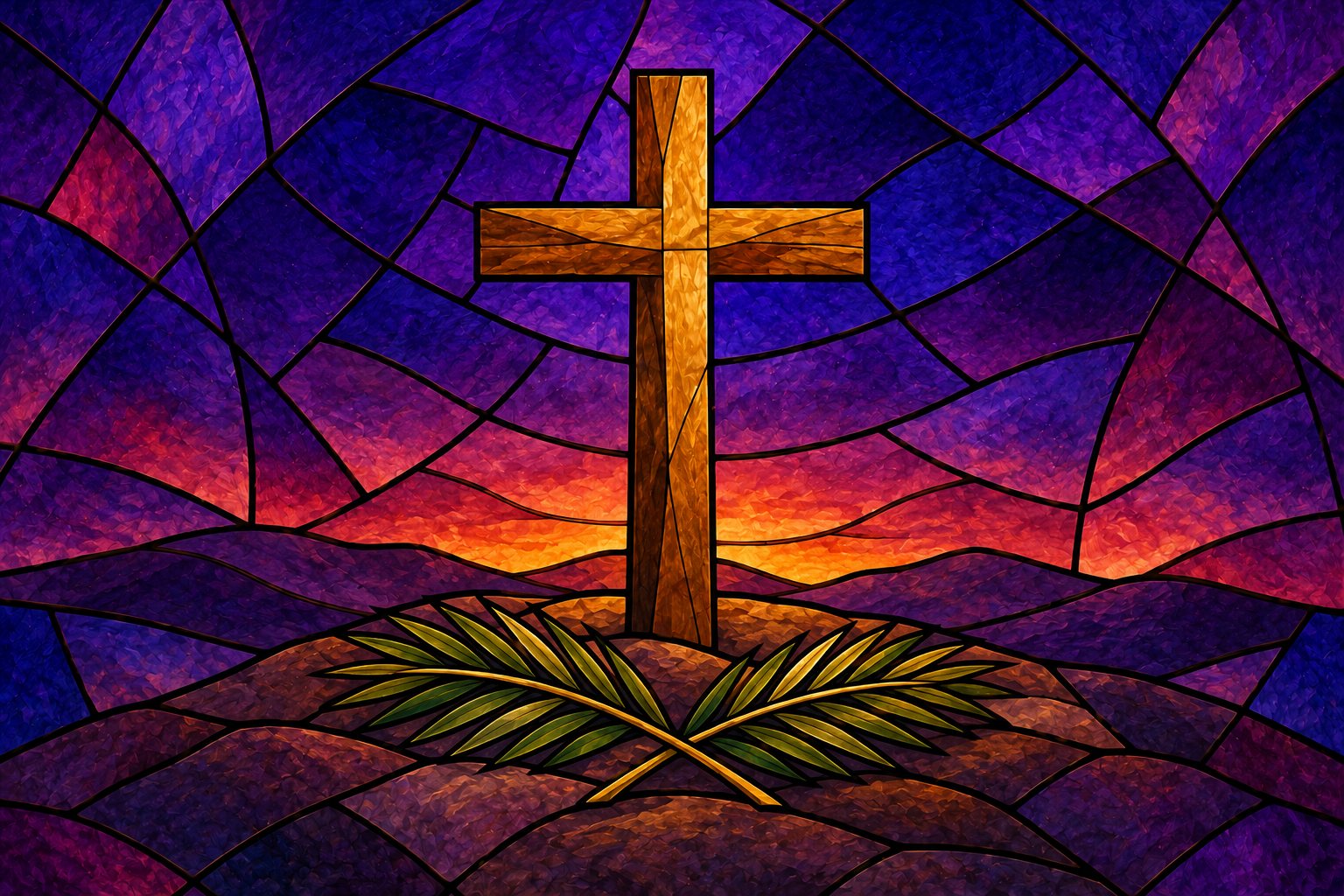 Stained-glass illustration: a plain wooden cross on a hill at dusk, two palm fronds at its foot.