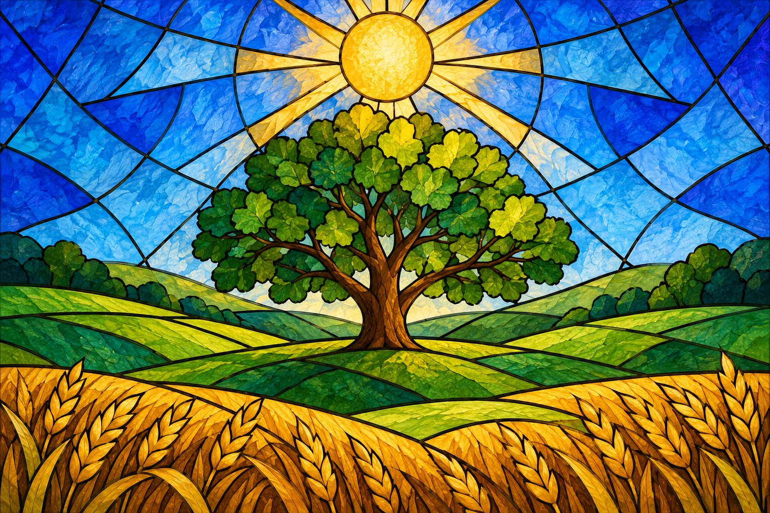 Stained-glass illustration: a broad green tree on a hill above golden wheat, under a gold sun.