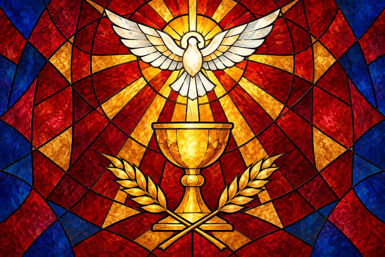Stained-glass illustration: a gold chalice with wheat, and a white dove descending in red and gold rays.
