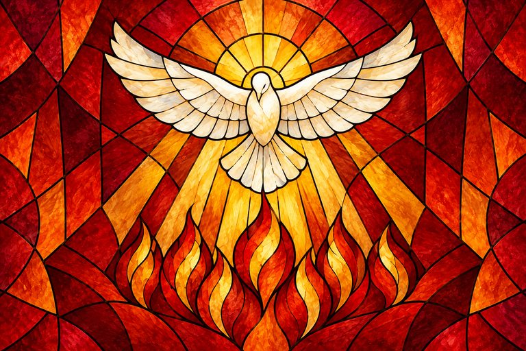 Stained-glass illustration: a white dove descending over red and gold flames.