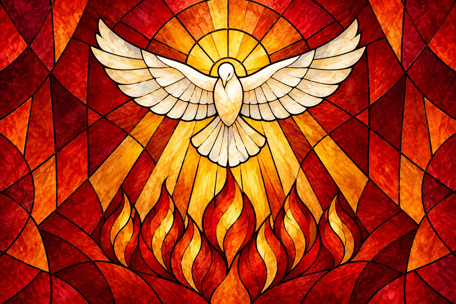 Stained-glass illustration: a white dove descending over red and gold flames.
