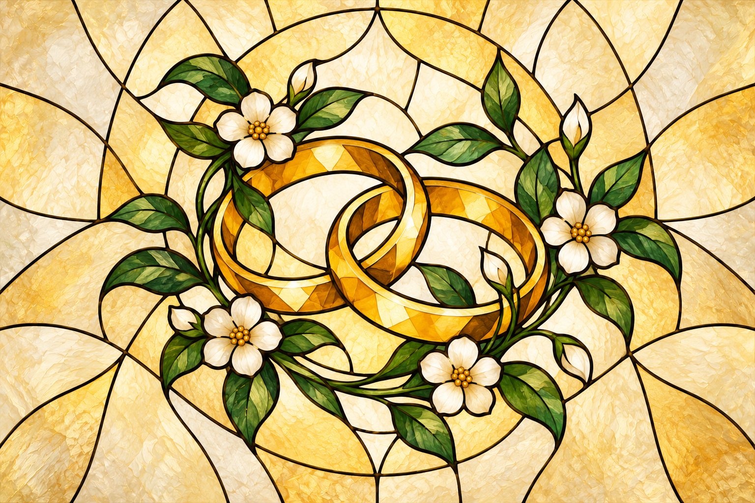 Stained-glass illustration: two gold rings linked together, with a vine of white blossoms around them.