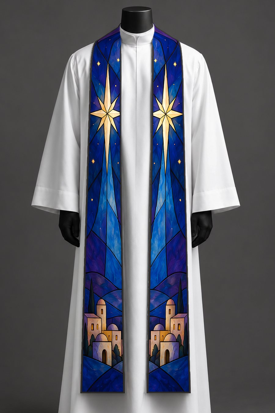 The advent light stole on a dress form.