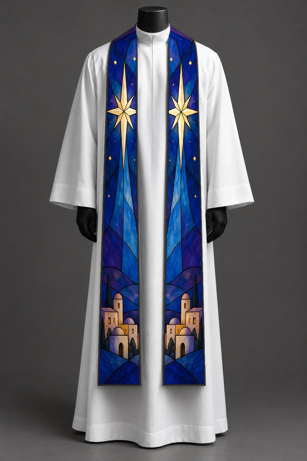 The advent light stole on a dress form.