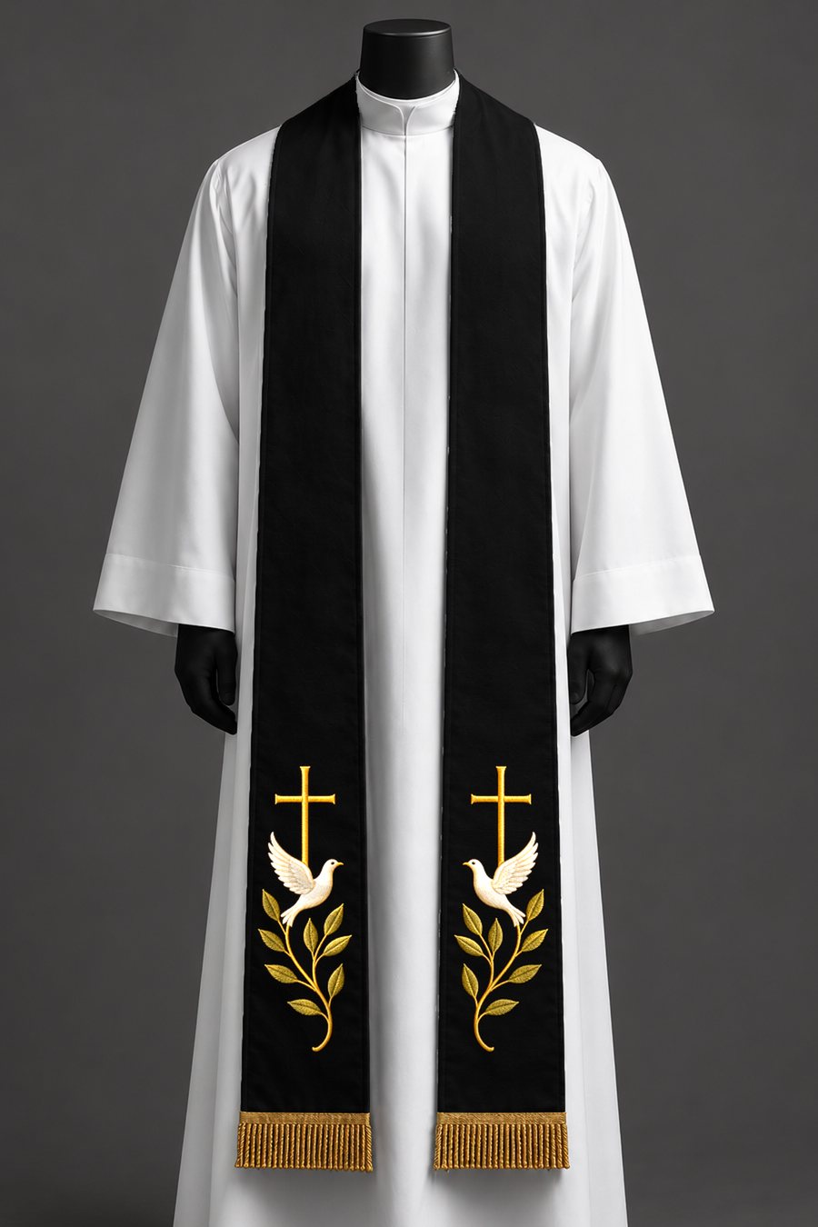 The black stole on a dress form.