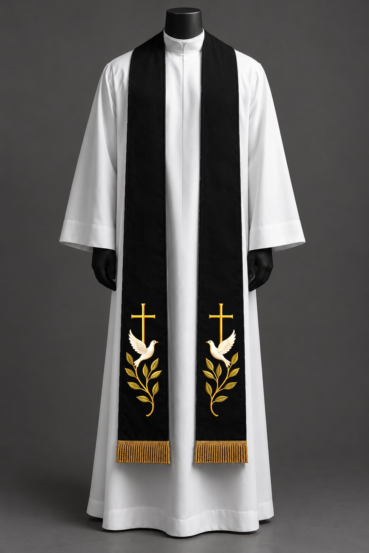 The black stole on a dress form.