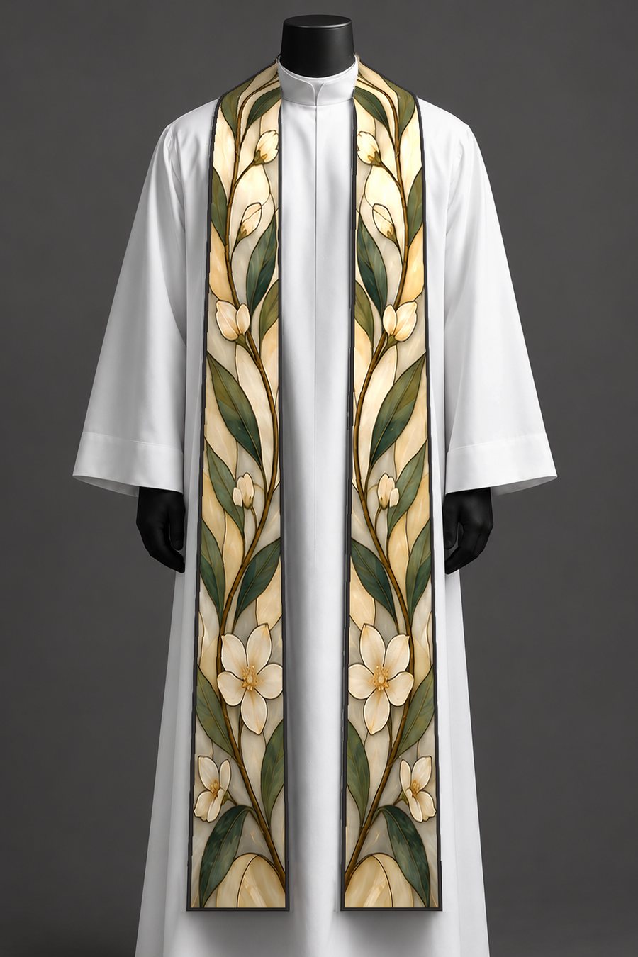 The covenant garden stole on a dress form.