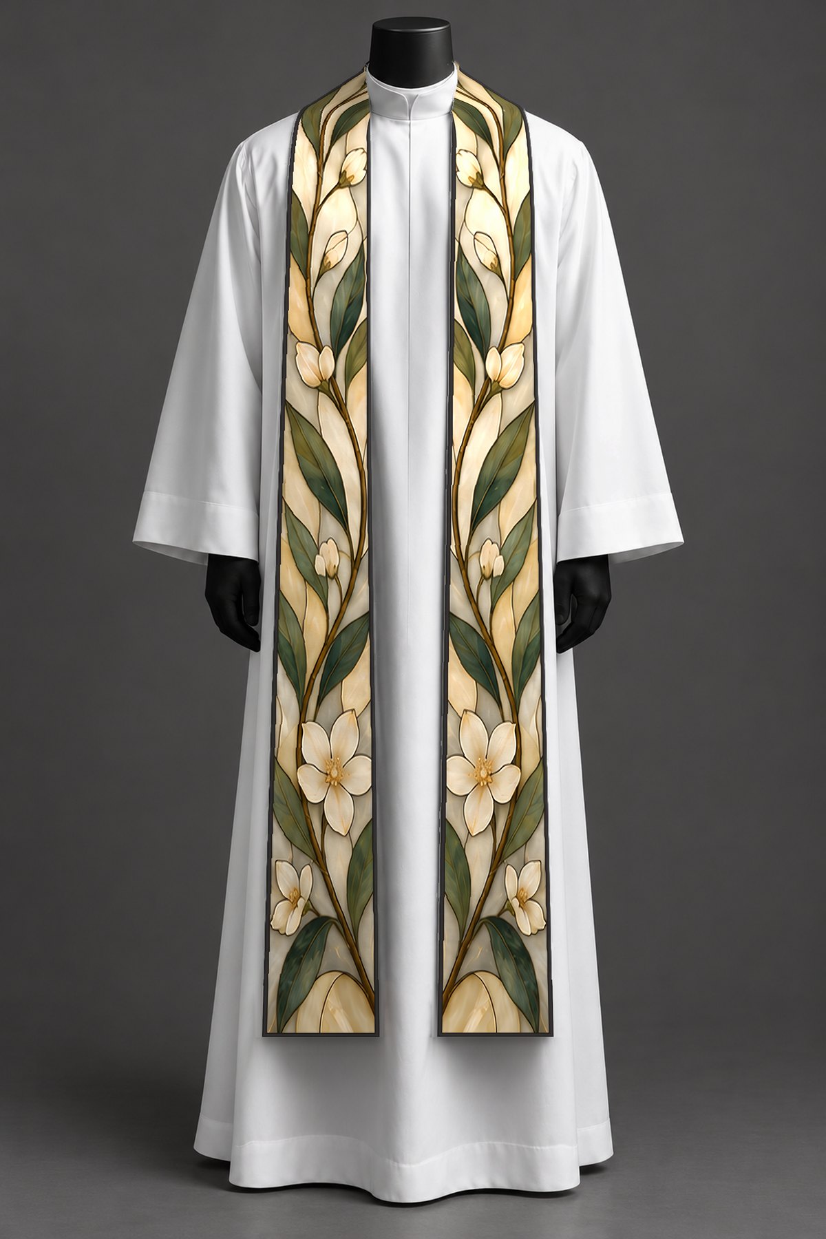 The covenant garden stole on a dress form.