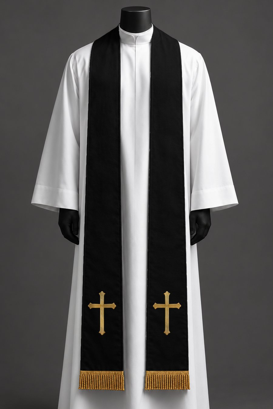 The black simple cross stole on a dress form.