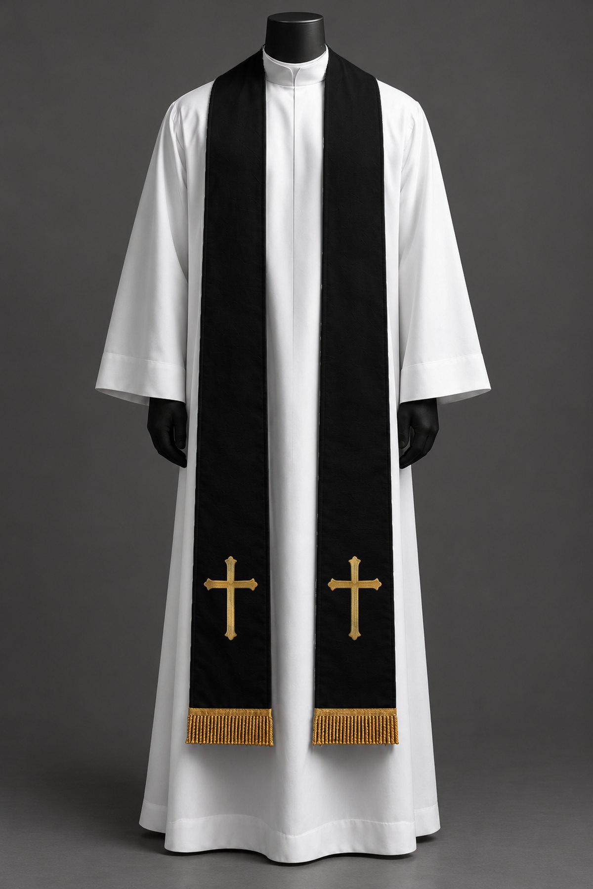 The black simple cross stole on a dress form.