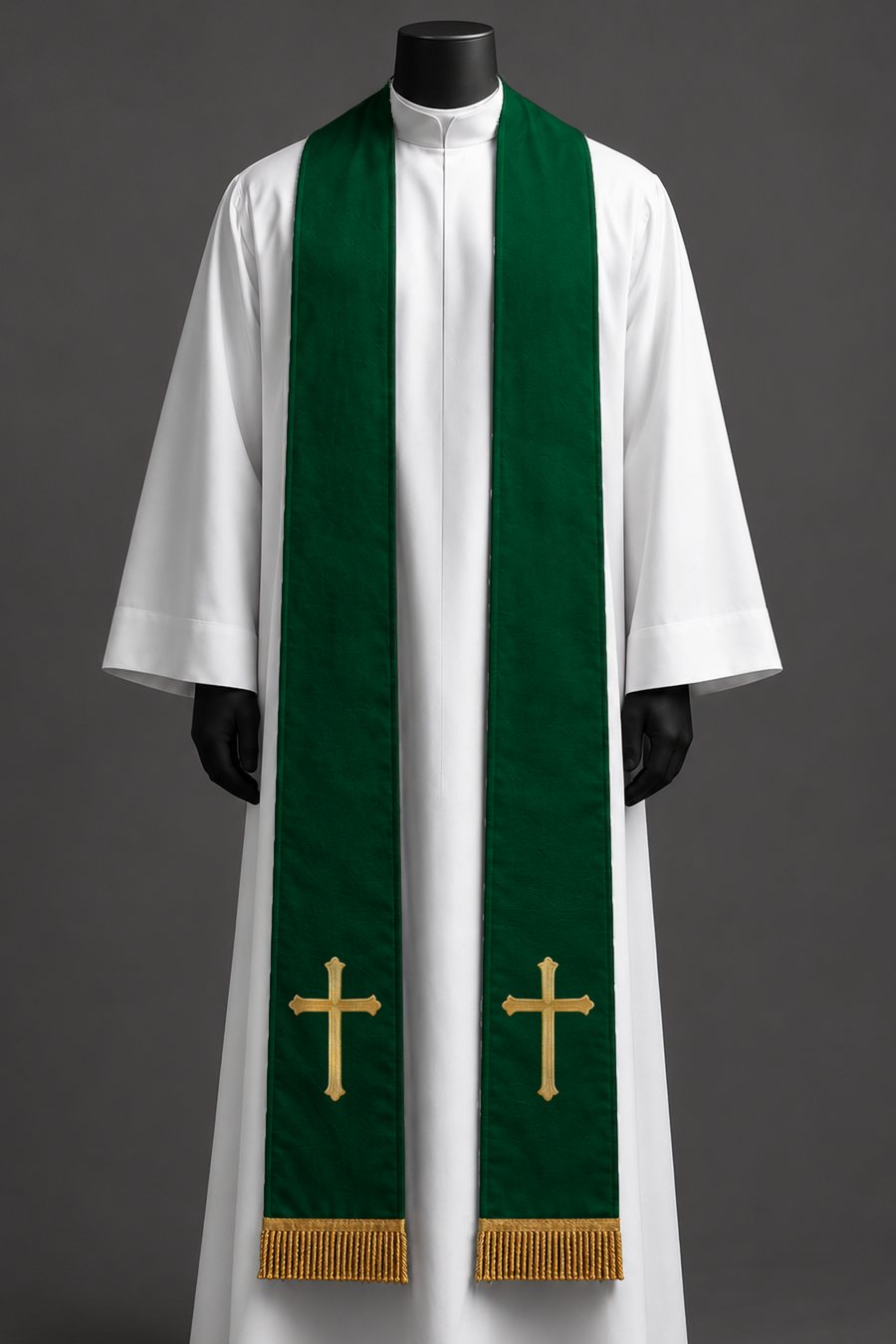 The green simple cross stole on a dress form.