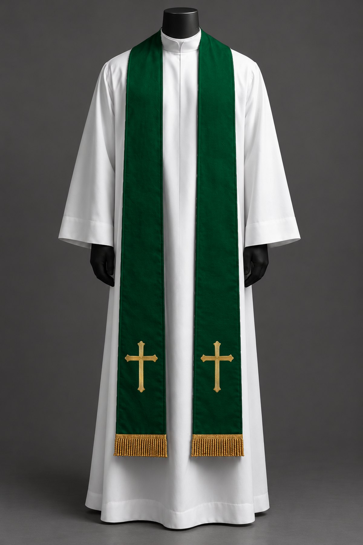 The green simple cross stole on a dress form.
