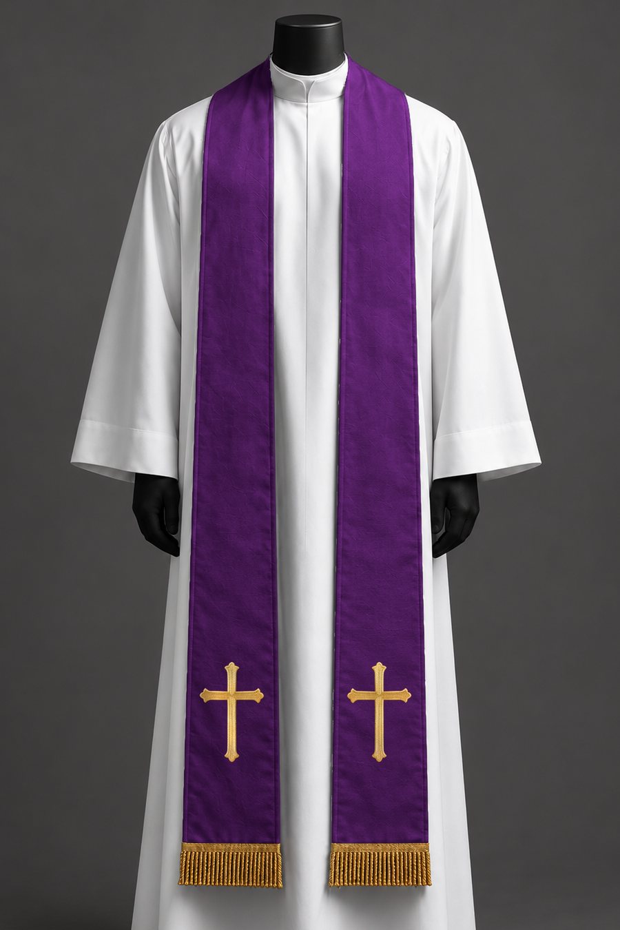 The purple simple cross stole on a dress form.