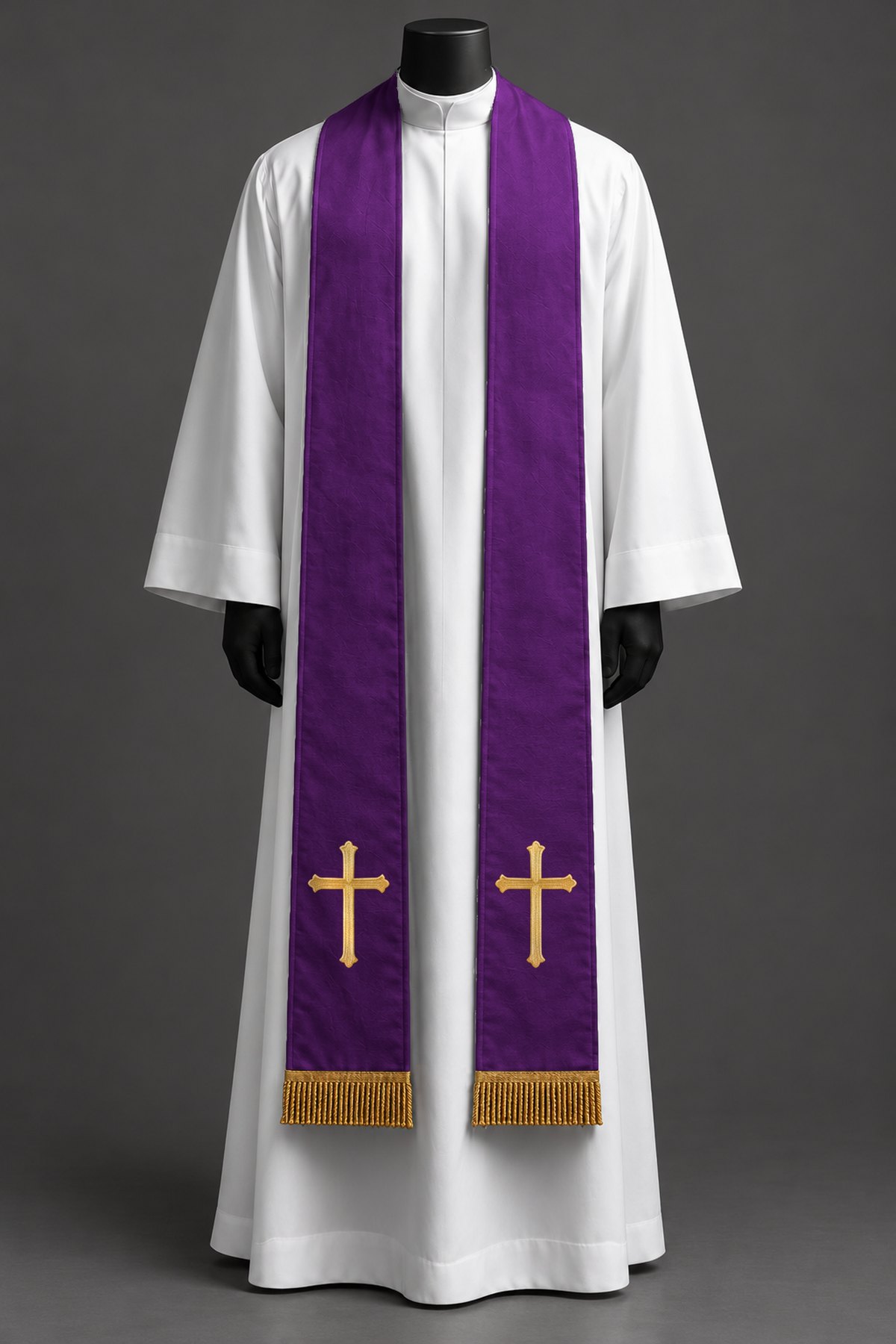 The purple simple cross stole on a dress form.
