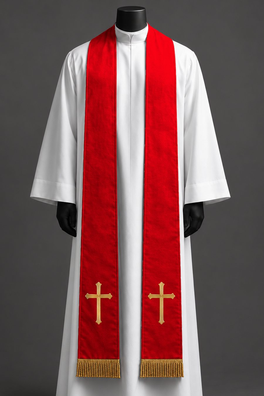 The red simple cross stole on a dress form.