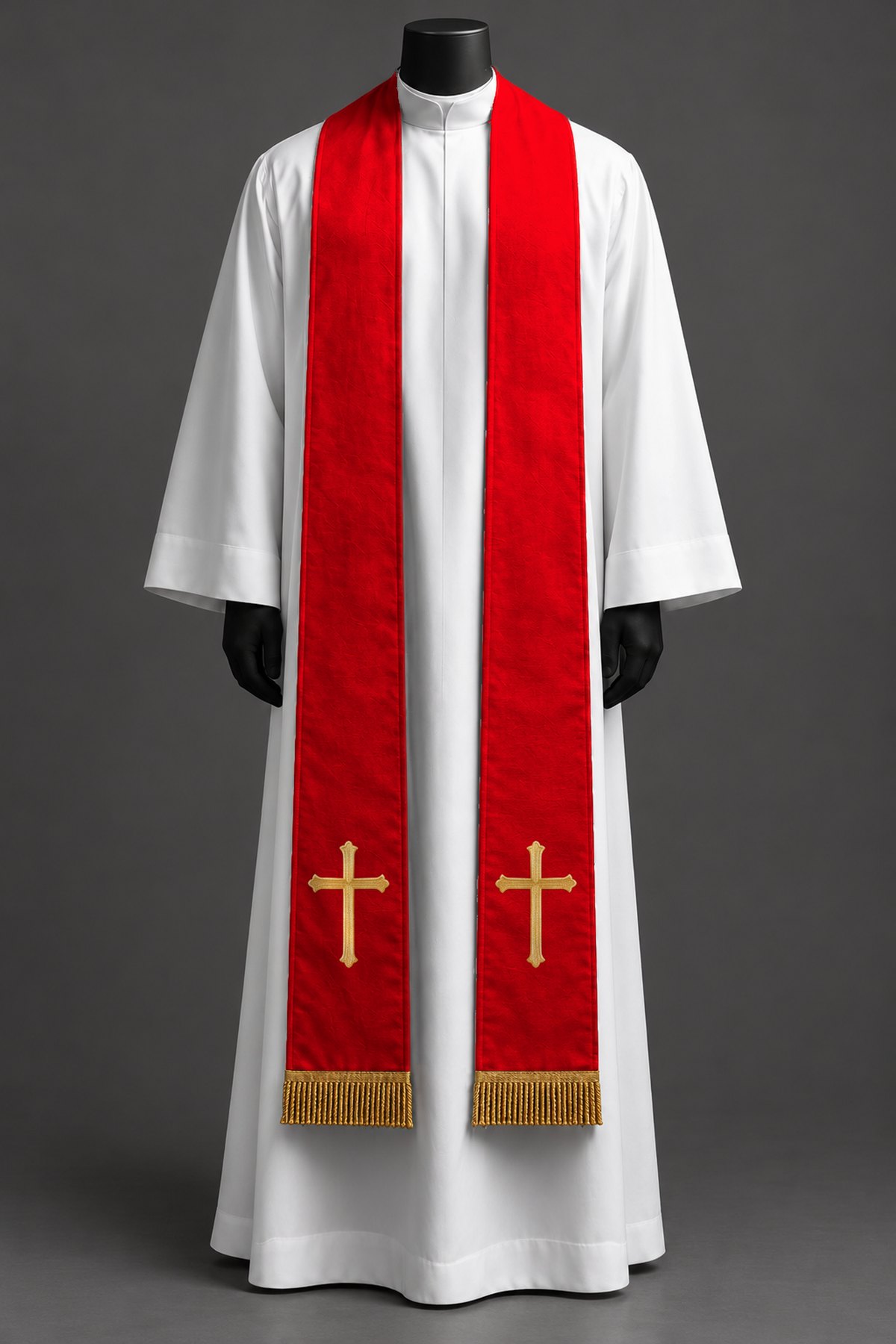 The red simple cross stole on a dress form.