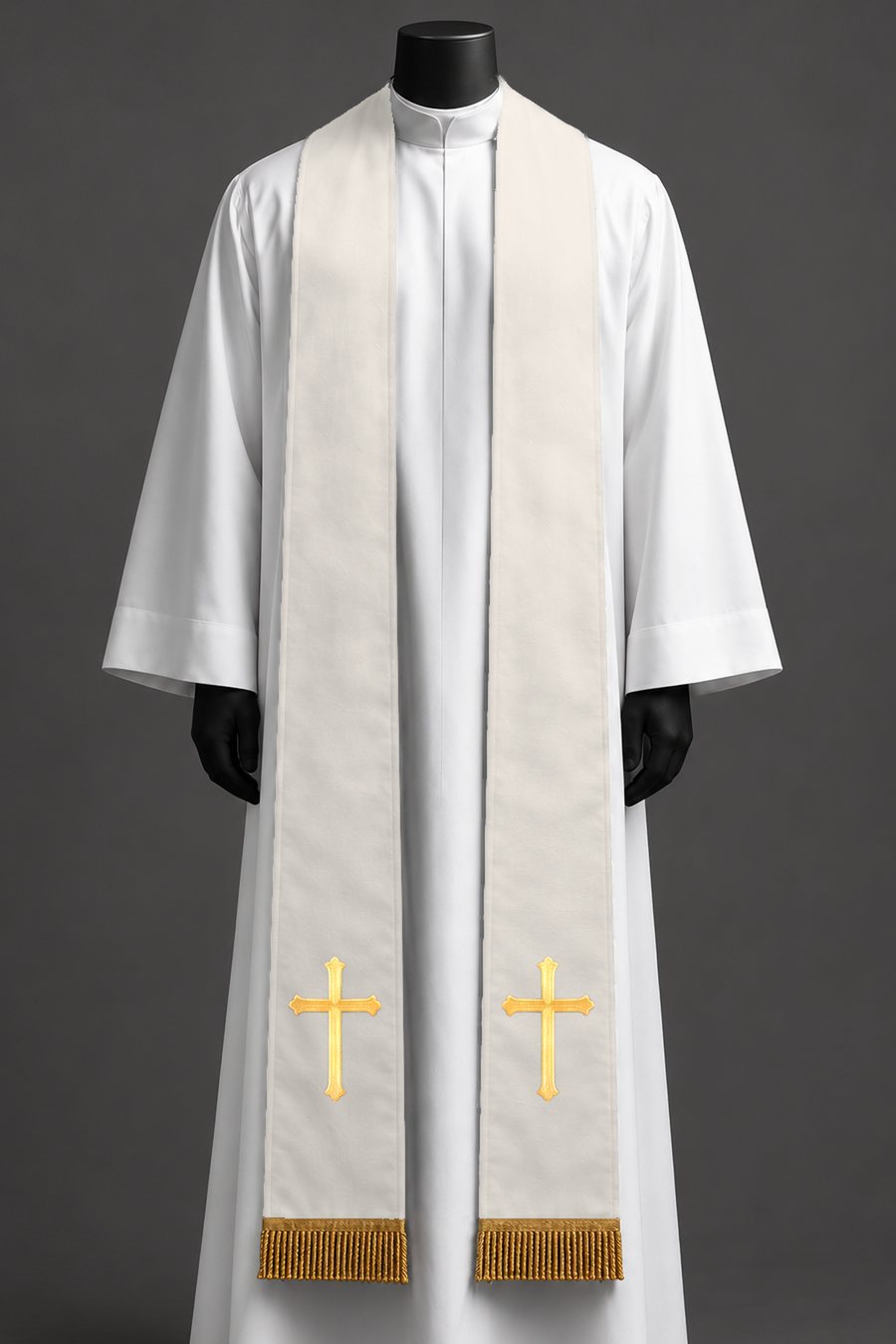 The white simple cross stole on a dress form.