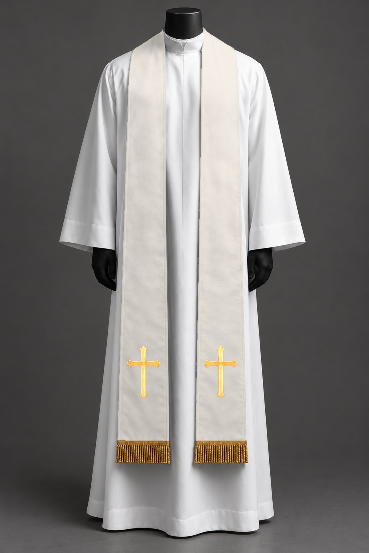 The white simple cross stole on a dress form.