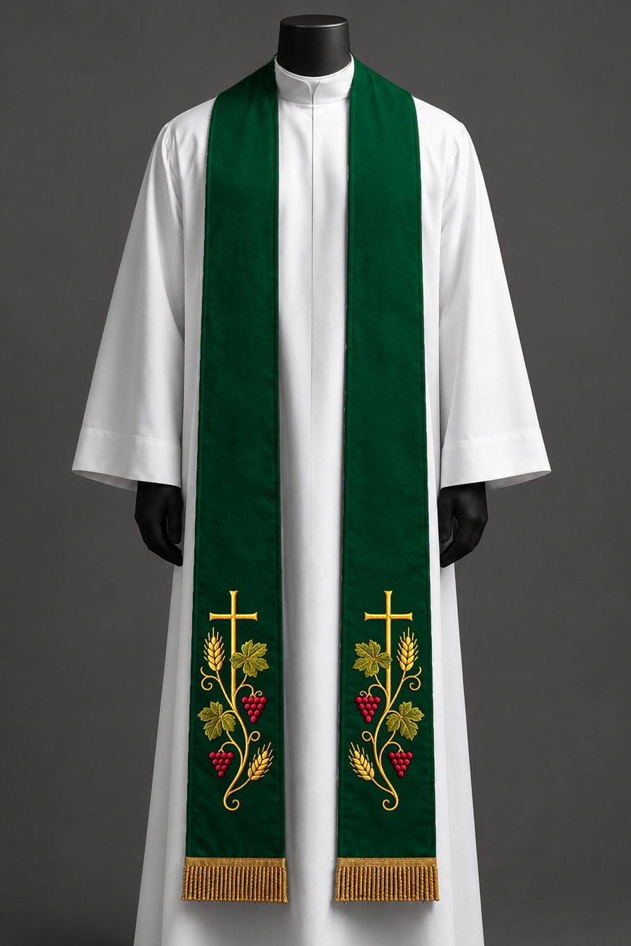 The green stole on a dress form.