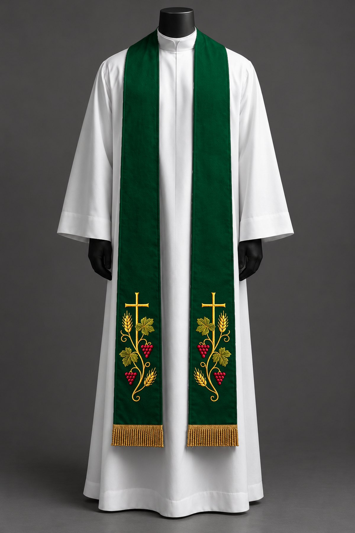 The green stole on a dress form.