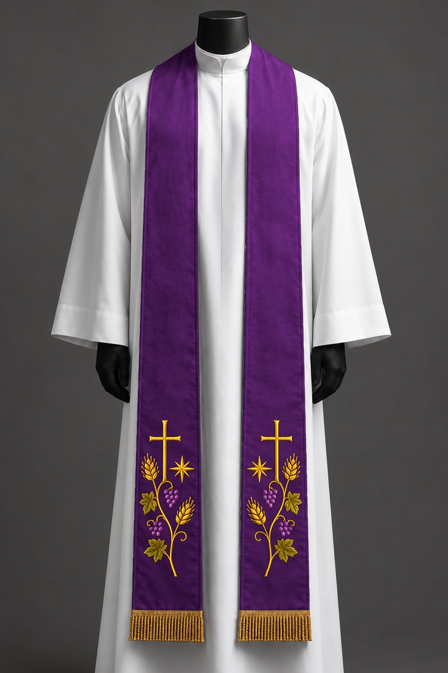 The purple stole on a dress form.
