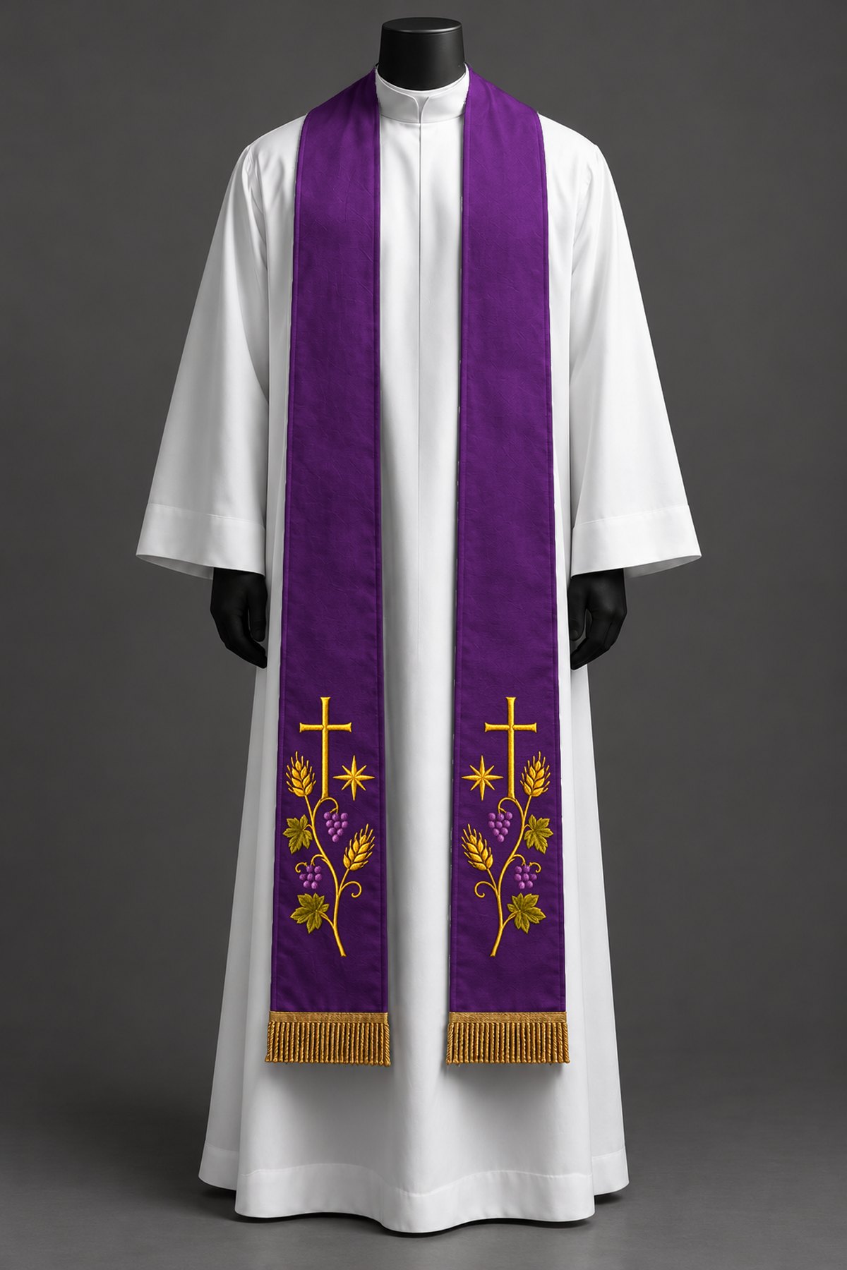 The purple stole on a dress form.