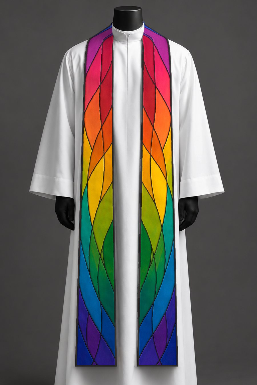 The rainbow stole on a dress form.