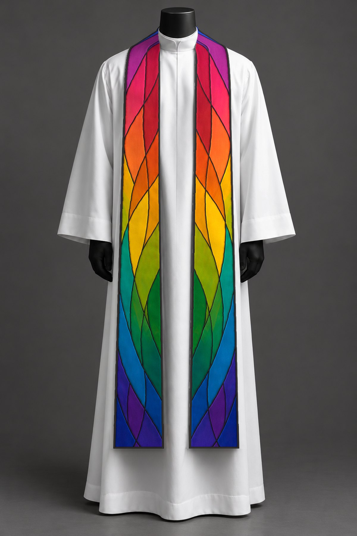 The rainbow stole on a dress form.