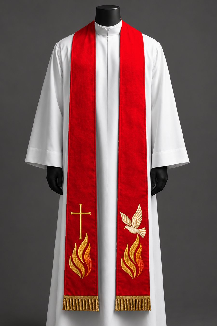 The red stole on a dress form.