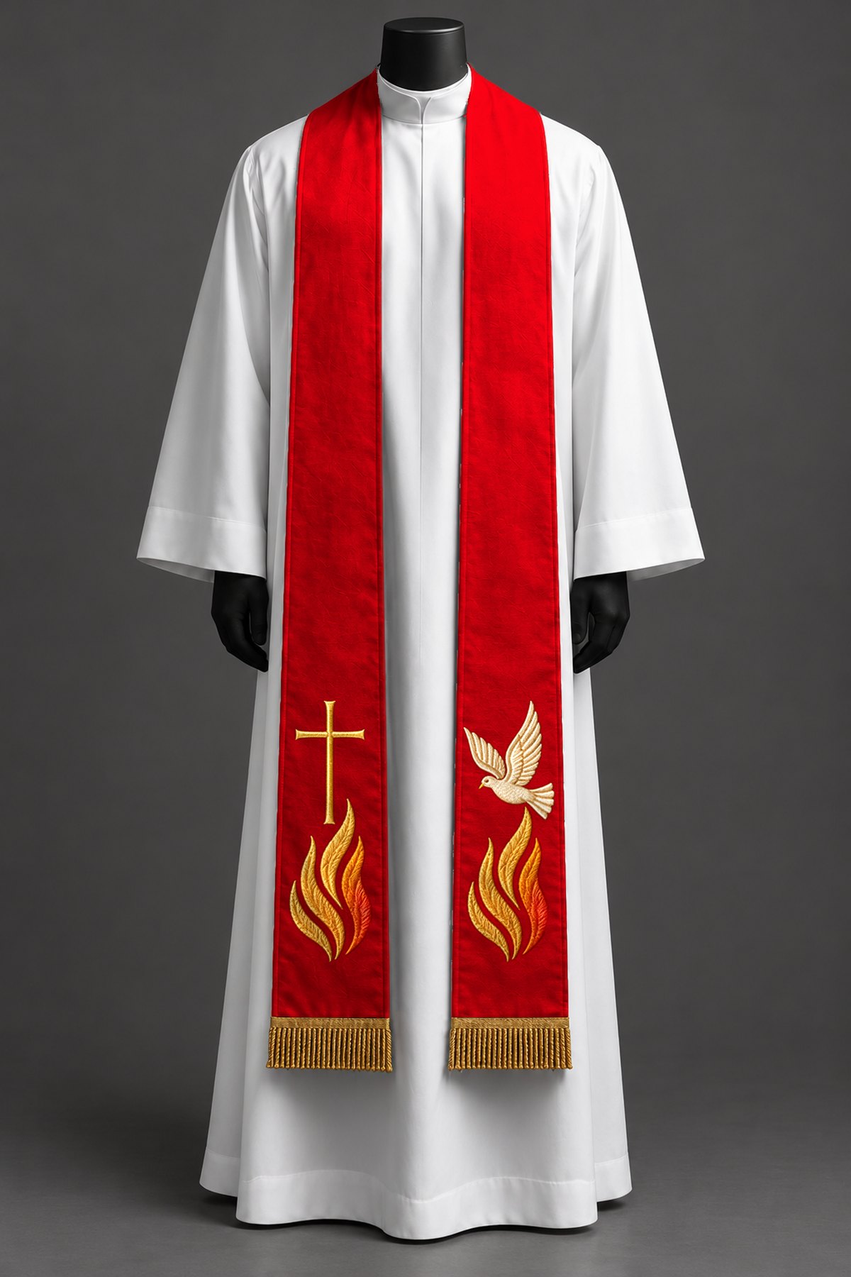 The red stole on a dress form.