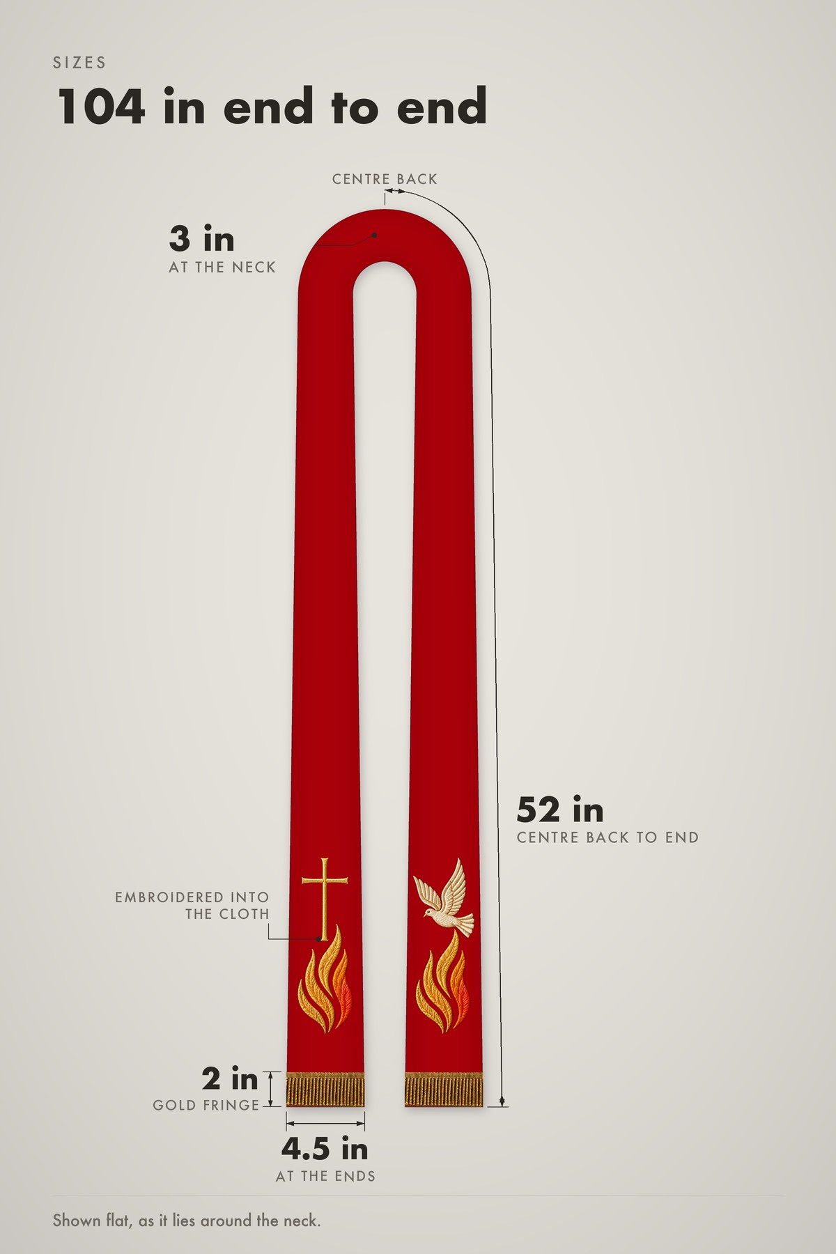 Measurement diagram: 104 in overall, 52 in per side, 3 in wide at the neck and 4.5 in at the ends.
