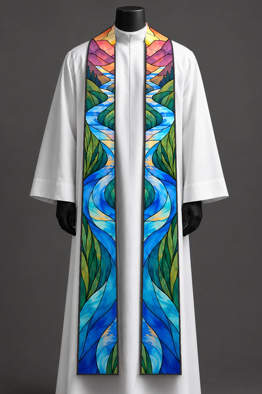 The river of life stole on a dress form.