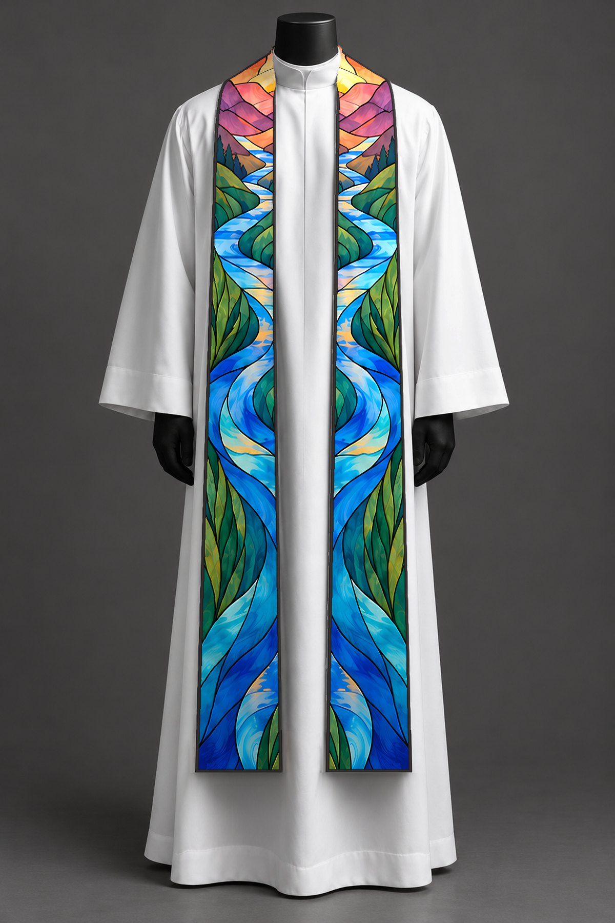 The river of life stole on a dress form.