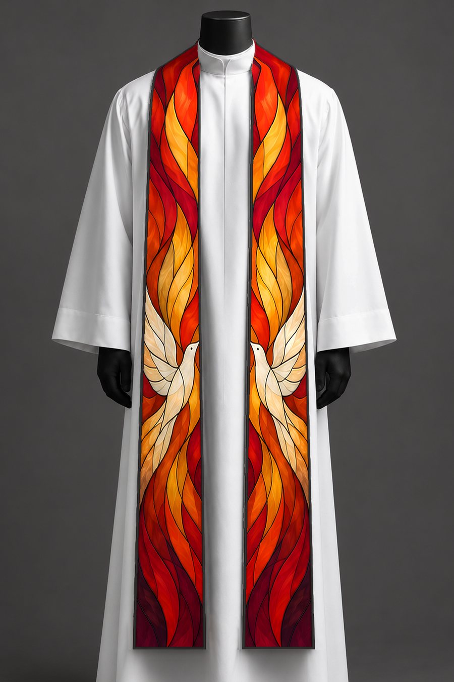 The spirit and flame stole on a dress form.