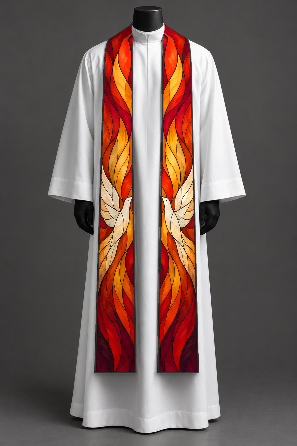 The spirit and flame stole on a dress form.