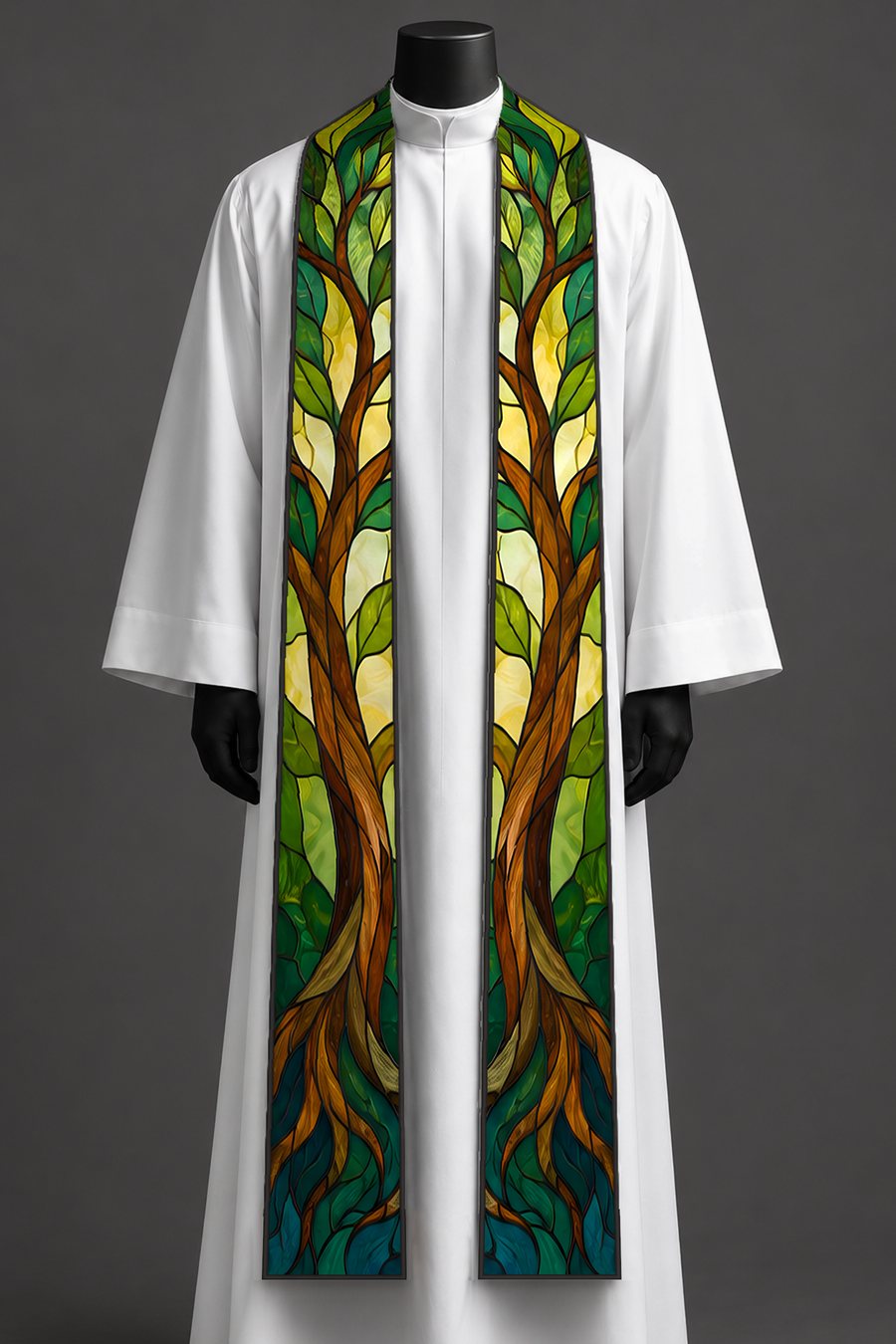 The tree of life stole on a dress form.