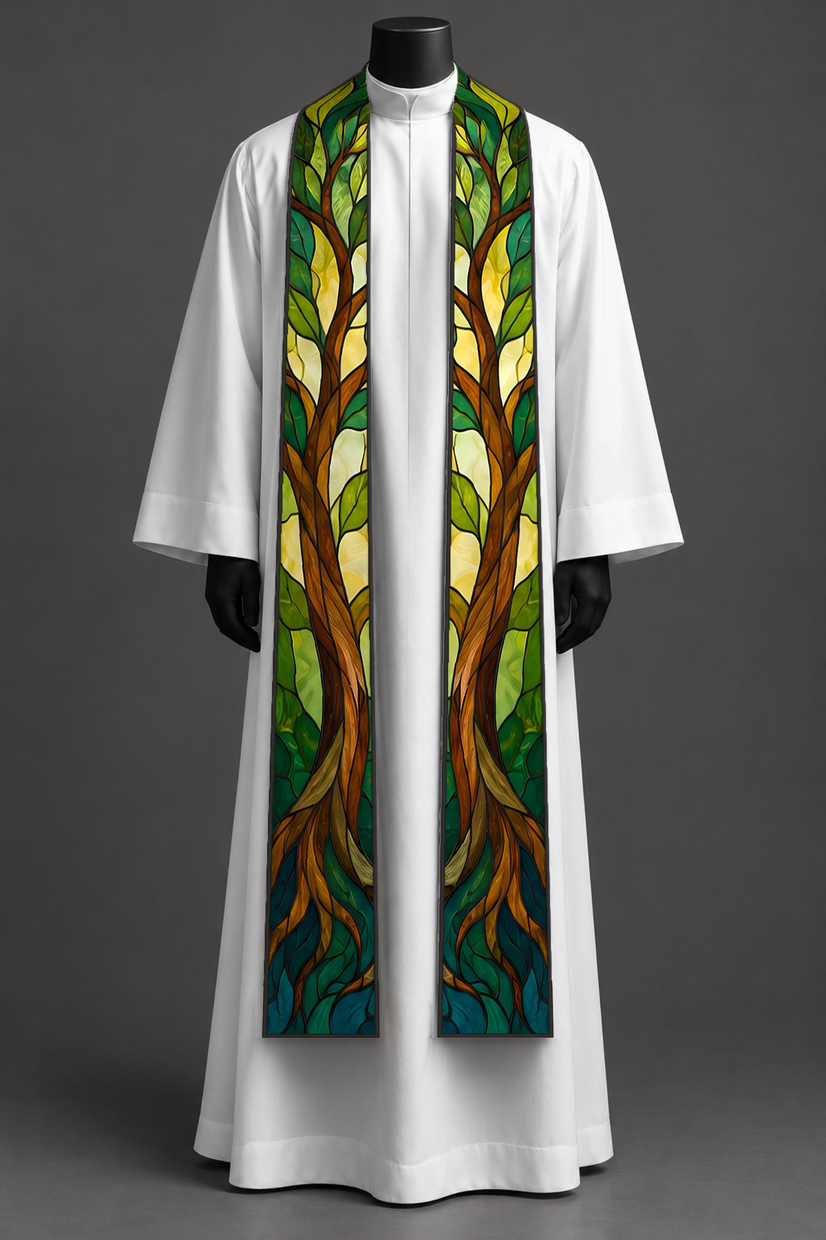 The tree of life stole on a dress form.
