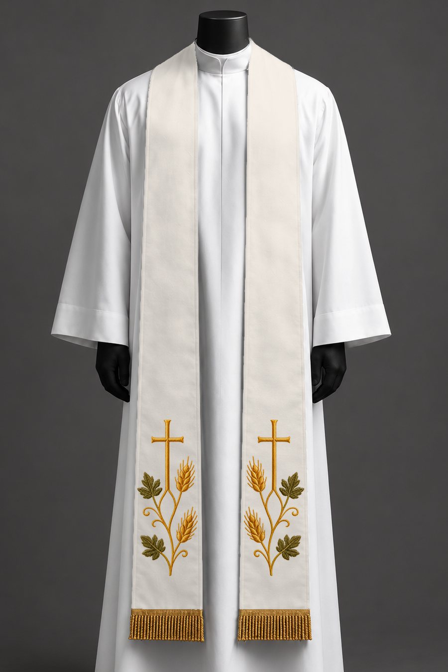 The white stole on a dress form.