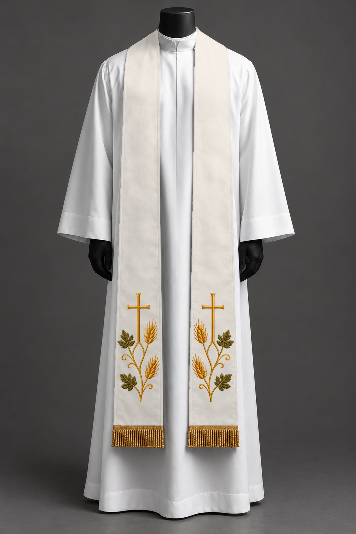 The white stole on a dress form.